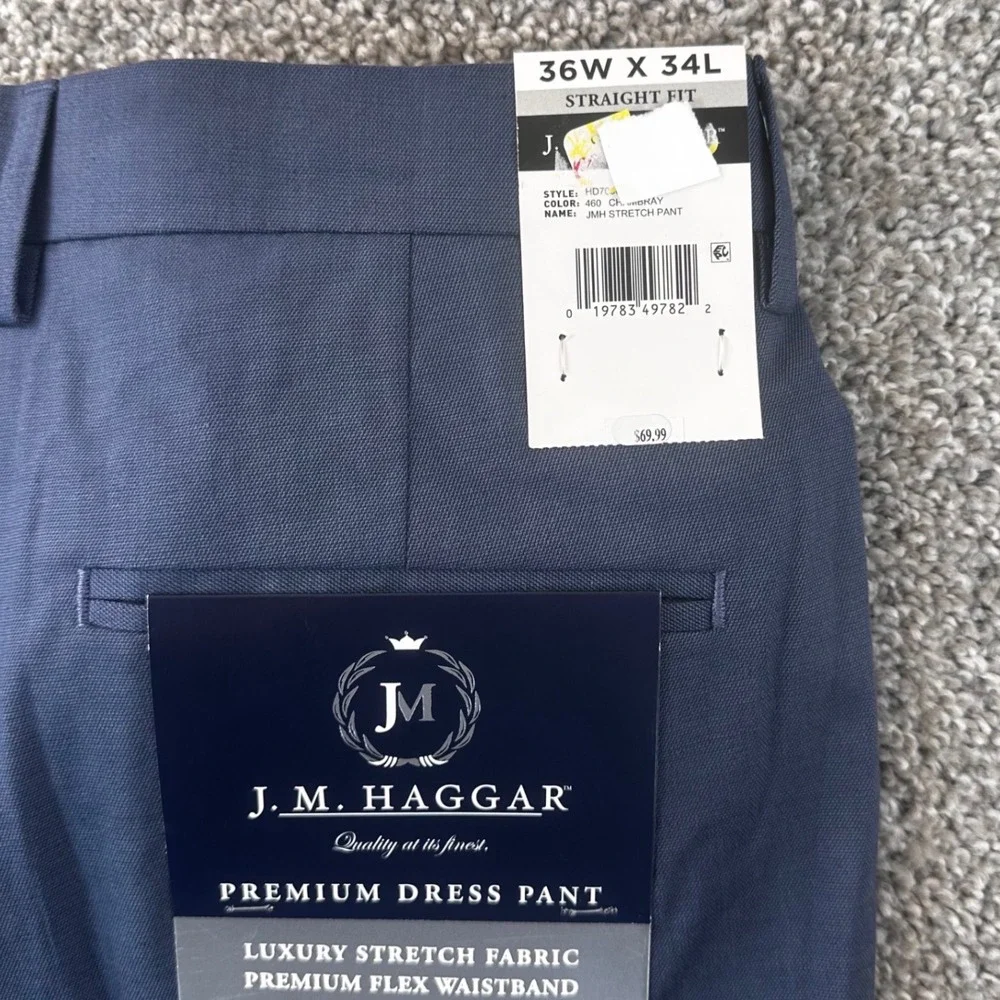 Haggar Premium Dress Pants Mens 36x34 Blue Straight Fit Stretch Office Law NEW